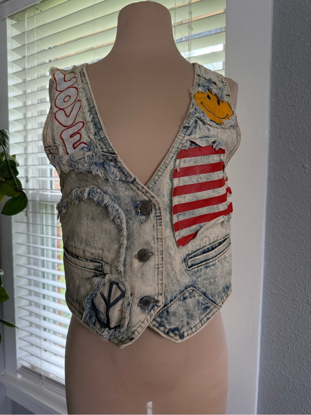 Vintage Distressed Acid-Wash Denim Patchwork Vest 80's 90's